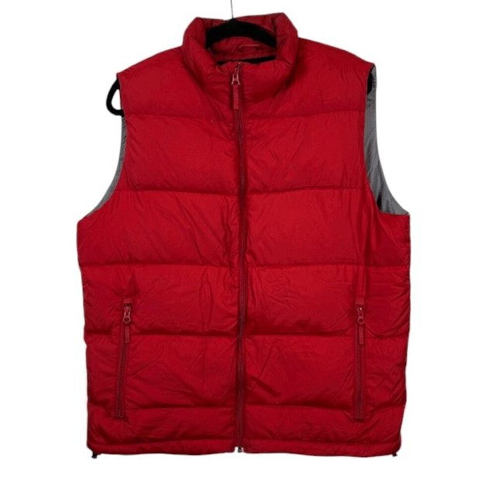Lands' End Goose Down Men's Puffer Vest Red Gray Tech‎ Pockets Size Medium